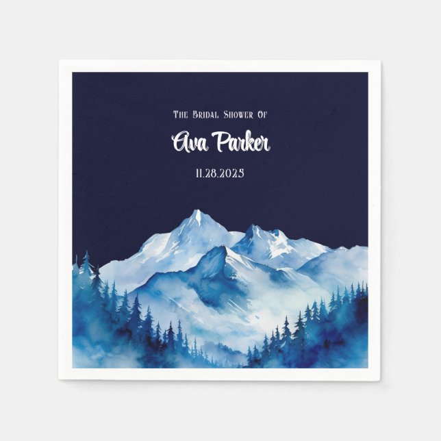 Winter Blue White Snowy Mountains Bridal Shower Napkin (Front)