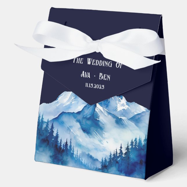 Winter Blue White Snowy Mountains Wedding Favor Box (Front)