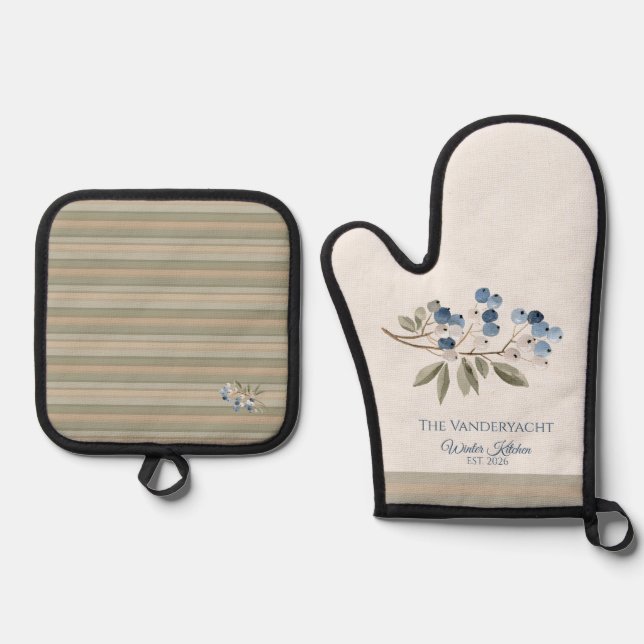 Winter Blueberry Botanical Oven Mitt & Pot Holder Set (Front)
