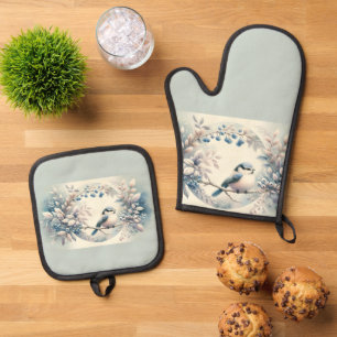 Winter Bluebird Berry Wreath Oven Mitt & Pot Holder Set