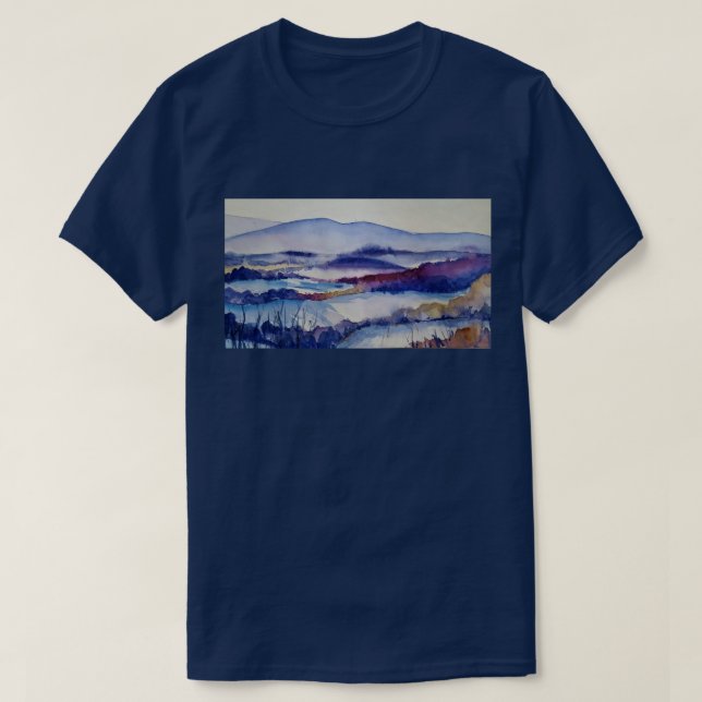 Winter Blues Watercolor Snow Mountains Cotton T-Shirt (Design Front)