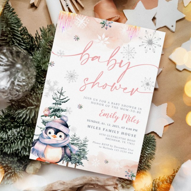 Winter blush and pink penguin Baby Shower Invitation (Creator Uploaded)