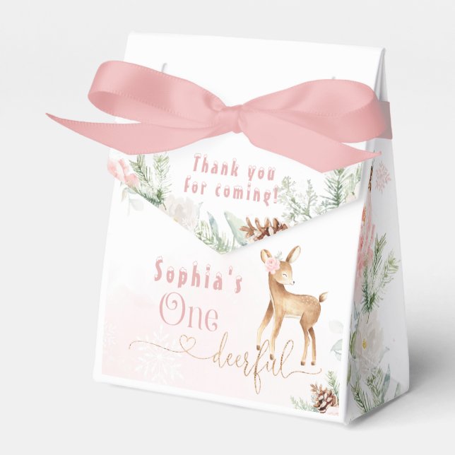 Winter blush pink first birthday deer favor box (Front Side)