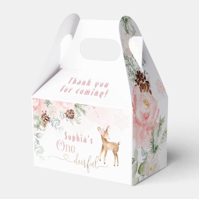 Winter blush pink first birthday deer favor box (Front Side)