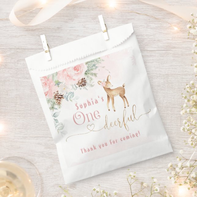 Winter blush pink first birthday deer favour bag (Clipped)
