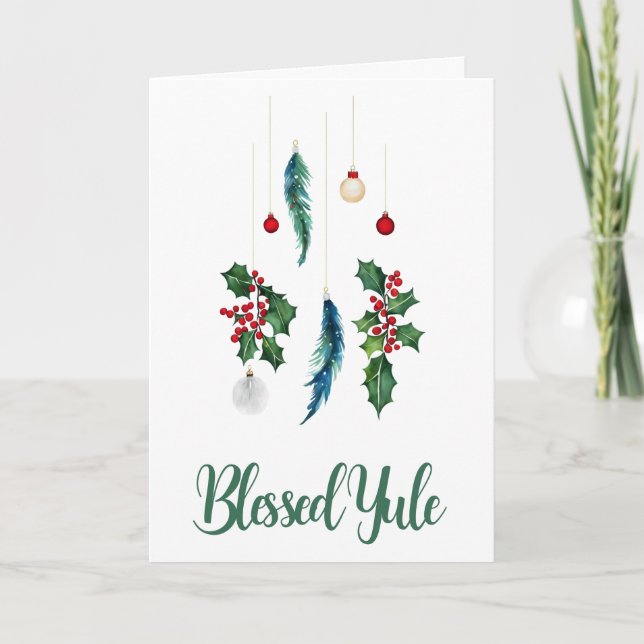 Winter Boho Blue Feathers & Holly Yule Solstice Card (Front)