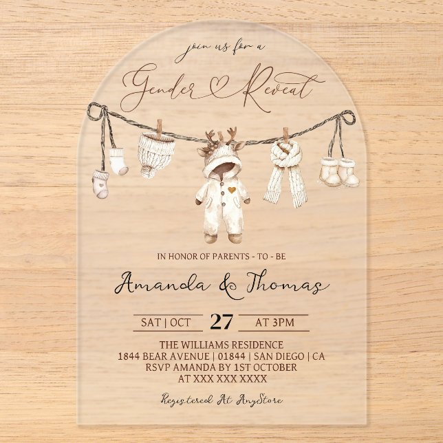 Winter Boho Clothesline Gender Reveal Acrylic Invitations (Front)