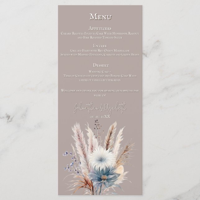 Winter Boho Floral Wedding | Beige Menu (Front)