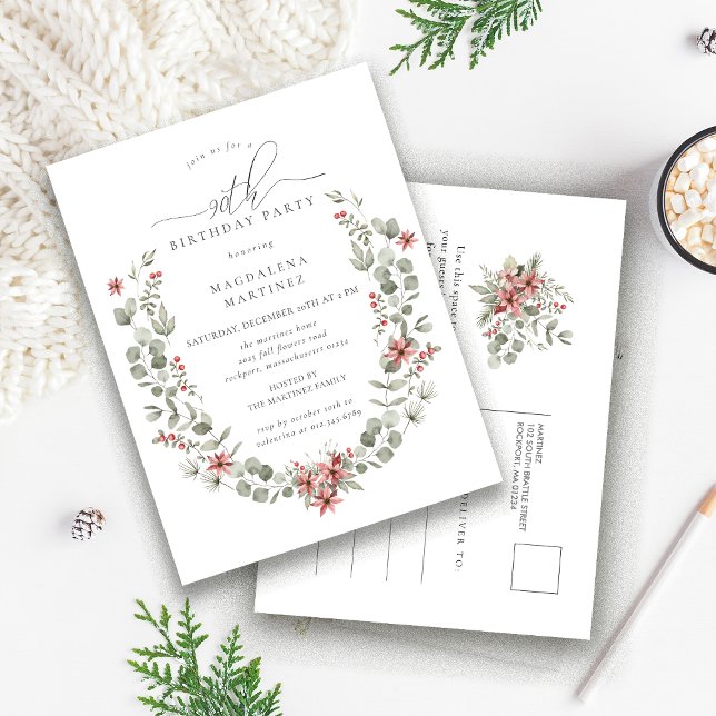 Winter Boho Greenery Red Floral 90th Birthday Invitation Postcard (Creator Uploaded)