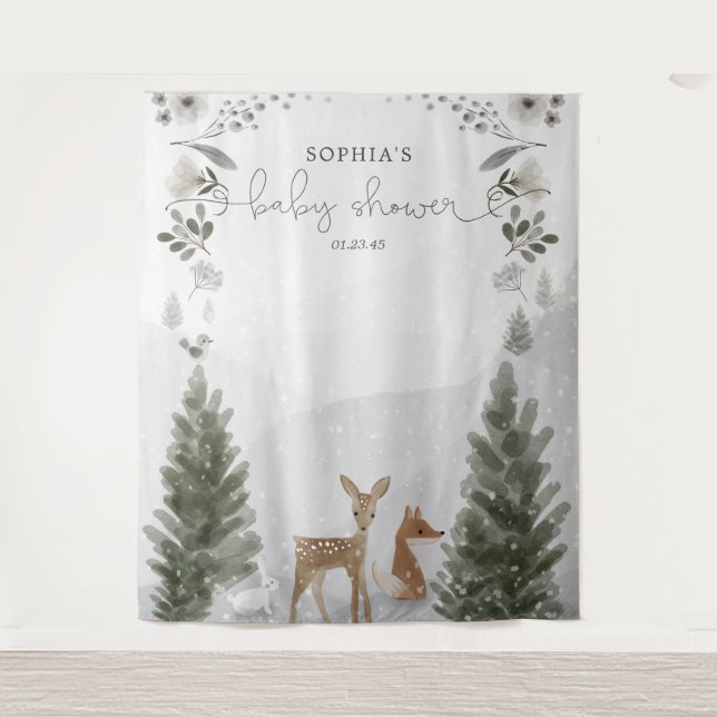 Winter Boho Woodland Baby Shower Backdrop Tapestry (Front)