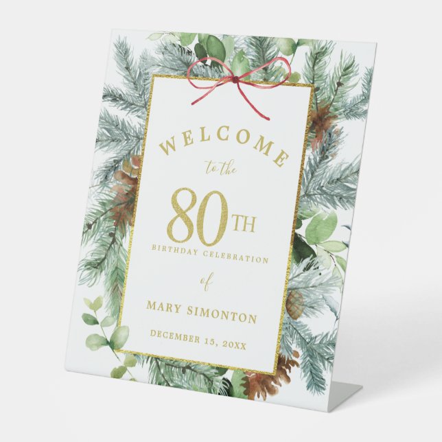 Winter Botanical 80TH Birthday Party Welcome Pedestal Sign (Front)