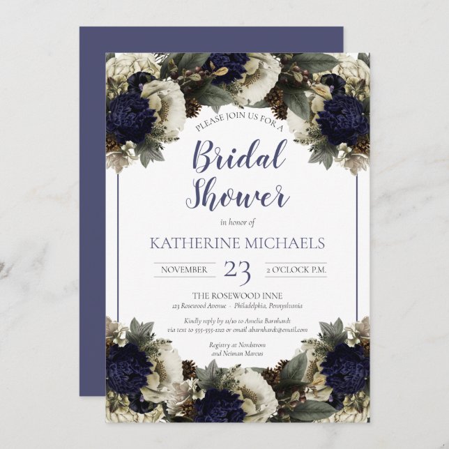 Winter Botanical Blue | Winter White Bridal Shower Invitation (Front/Back)