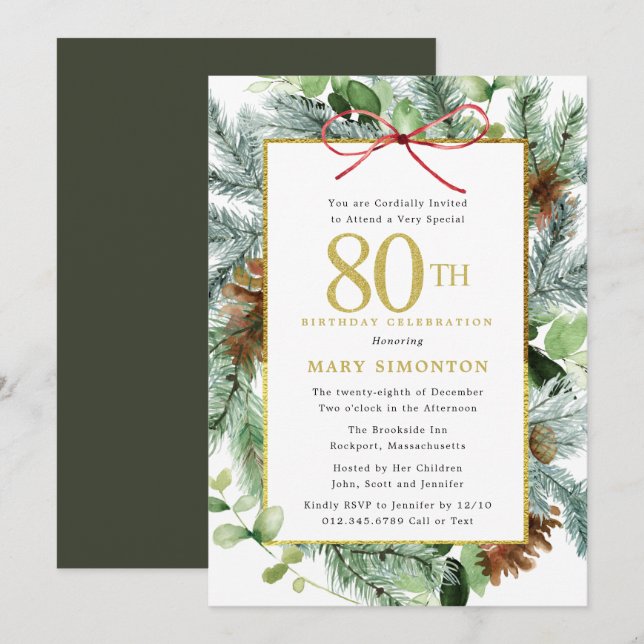 Winter Botanical Floral Gold 80th Birthday Party Invitation (Front/Back)
