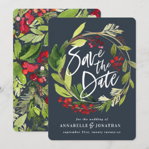 winter botanical foliage red green watercolor save the date