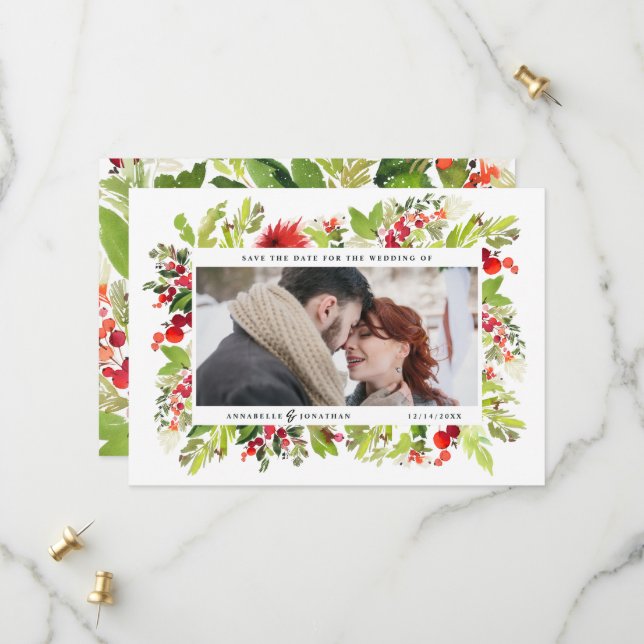 winter botanical foliage red watercolor photo save the date (Front/Back In Situ)