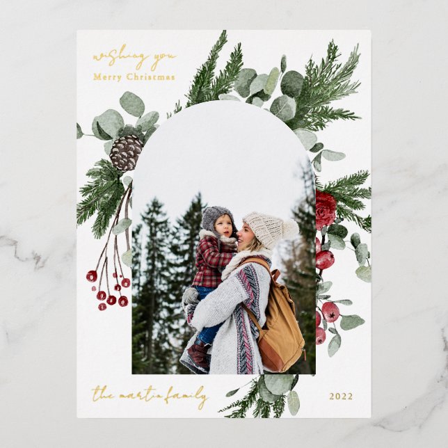 Winter Botanical Frame Photo Foil Holiday Postcard (Front)