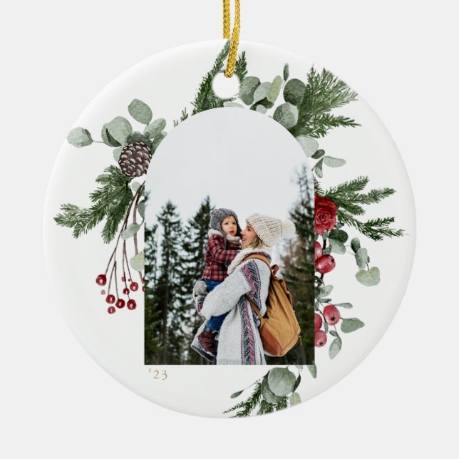 Winter Botanical Frame Photo White Ceramic Ornament (Front)