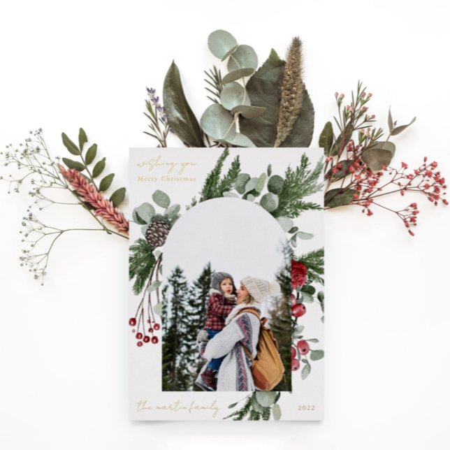 Winter Botanical Frame Two Photo Christmas Foil Holiday Card (Creator Uploaded)