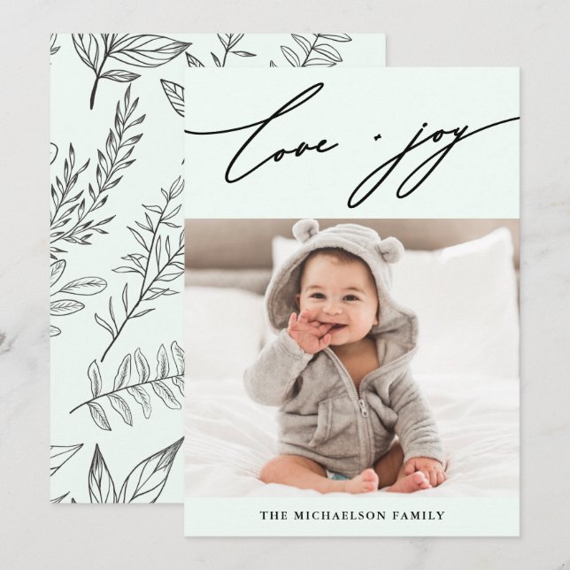 Winter Botanical Love and Joy Script Photo Holiday (Front/Back)