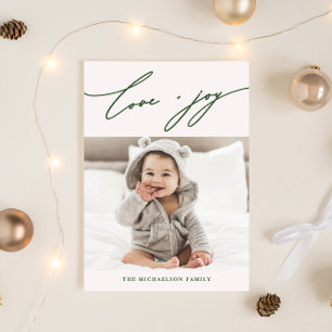 Winter Botanical Love and Joy Script Photo Holiday Card