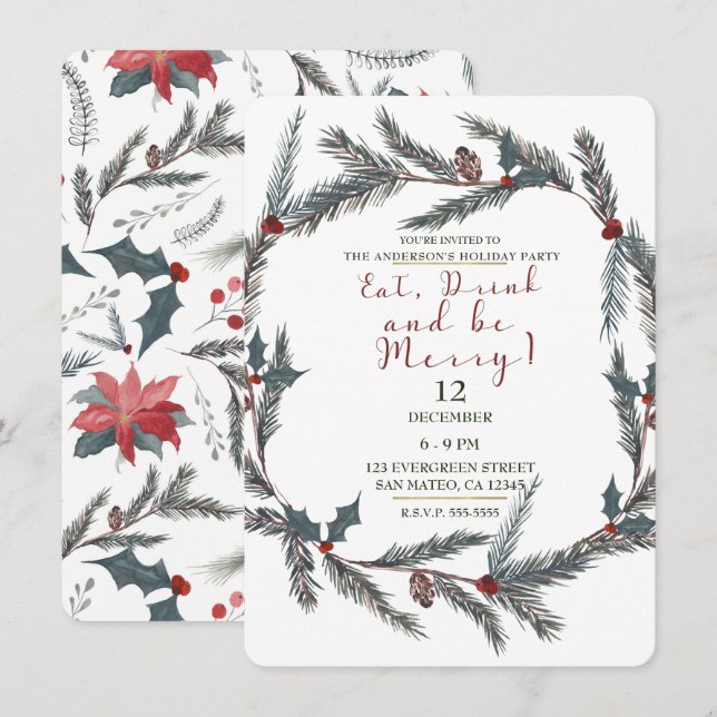 Winter Botanical Pine Berry Eat Drink Be Merry Invitation (Front/Back)