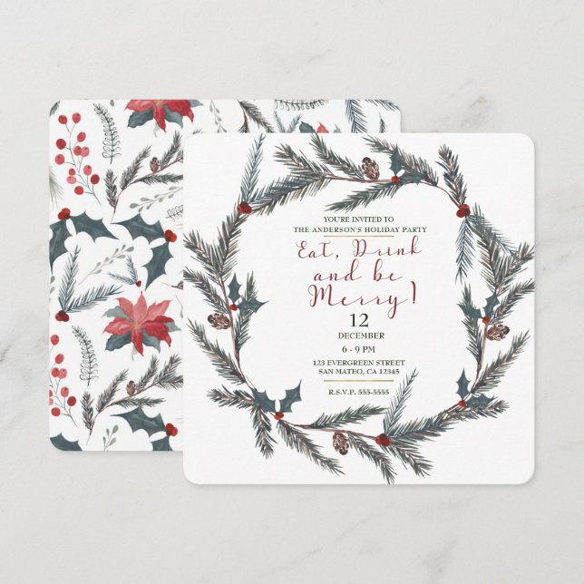 Winter Botanical Pine Berry Eat Drink Be Merry Invitation (Front/Back)