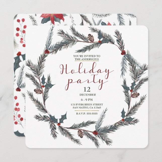 Winter Botanical Pine Berry Wreath Holiday Party Invitation (Front/Back)