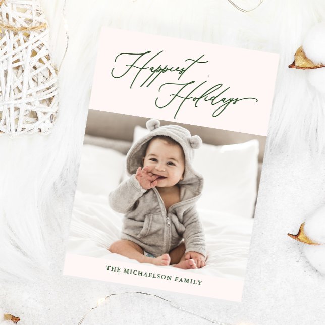 Winter Botanical Pink Happiest Holidays Photo Holiday Card (Creator Uploaded)