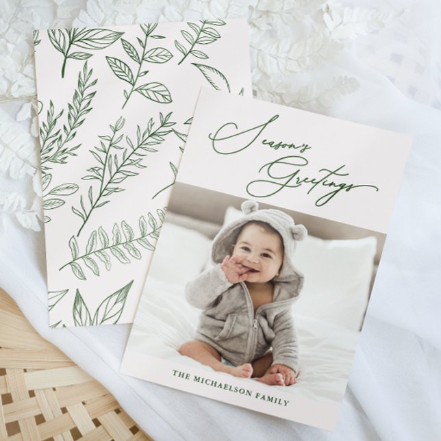 Winter Botanical Pink Season's Greetings Photo Holiday Card (Creator Uploaded)