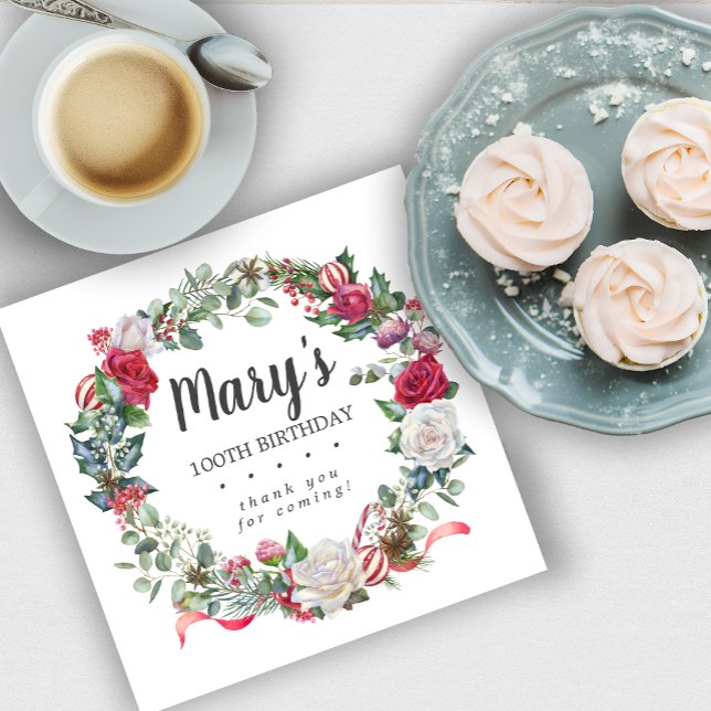 Winter Botanical Rose 100th Birthday Elegant Napkin (Creator Uploaded)