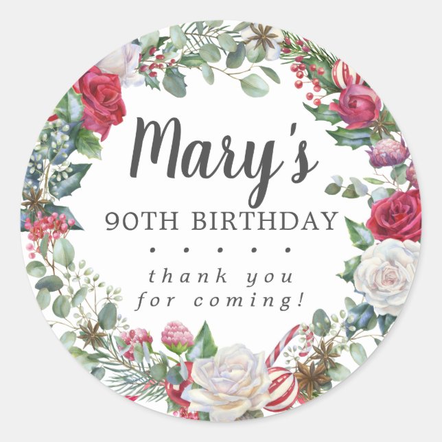 Winter Botanical Rose 90th Birthday Thank You Classic Round Sticker (Front)