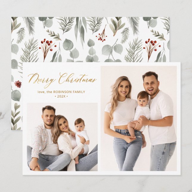 Winter Botanical Script 2 Photo Collage Christmas  Holiday Card (Front/Back)