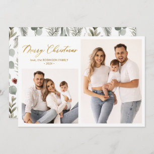 Winter Botanical Script 2 Photo Collage Christmas  Holiday Card