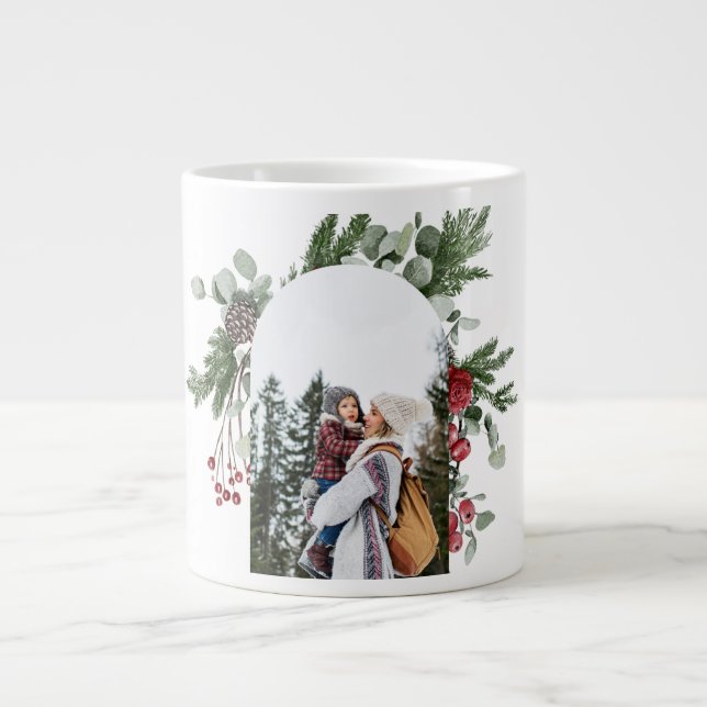 Winter Botanical Three Photo and Name Christmas Large Coffee Mug (Front)
