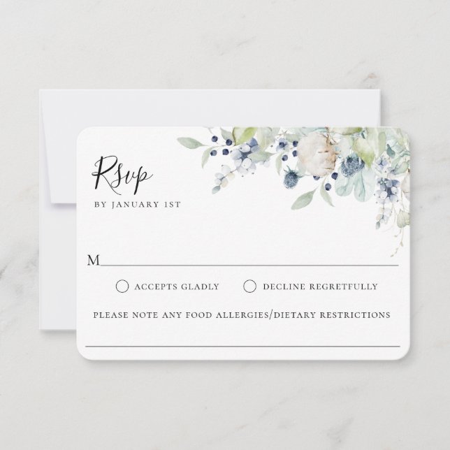 Winter Botanical Wedding Food Allergy RSVP Card (Front)
