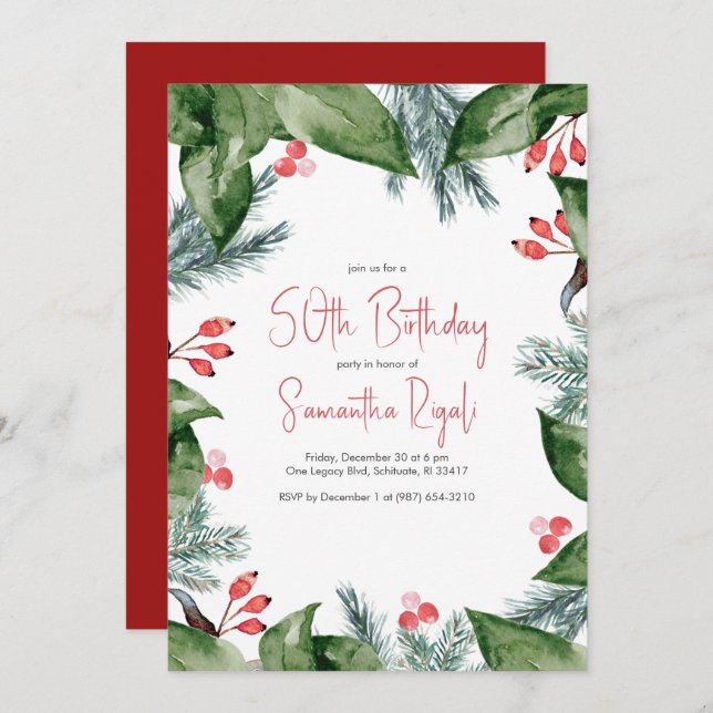 Winter Botanicals 50th Birthday Invitations (Front/Back)