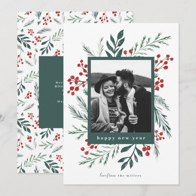 Winter Botanicals Christmas Photo Green New Year Holiday Card (Front/Back)