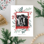 Winter Botanicals Christmas Photo Red Happy Holiday Card<br><div class="desc">This completely customizable 1- photo holiday card features elegant hand-painted watercolor wintery botanicals that beautifully frame your photo. Comes with a matching pattern on the back and room to write a personalized message. Want to customize even more? Click on the “Edit using Design Tool.” This design is part of a...</div>
