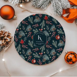 Winter Botanicals   Monogram Christmas Paper Plate