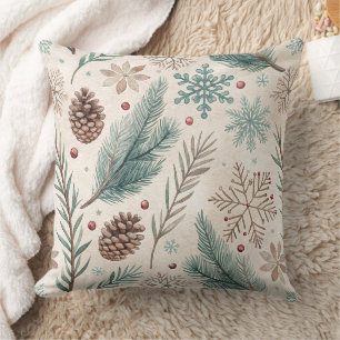 Winter Botanicals & Snowflakes - Rustic Holiday Throw Pillow