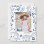 Winter Bouquet | Hanukkah Photo Card<br><div class="desc">Elegant Hanukkah photo card features a favourite vertical or portrait oriented photo surrounded by a border of delicate blue botanical foliage and tiny watercolor flower blossoms. Your custom holiday greeting and family name or names appear beneath your photo in chic grey lettering. Personalize the back with two additional photos and...</div>