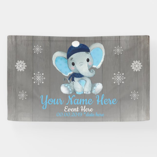 Winter Boy Elephant Backdrop NavySnowflakes Banner (Horizontal)