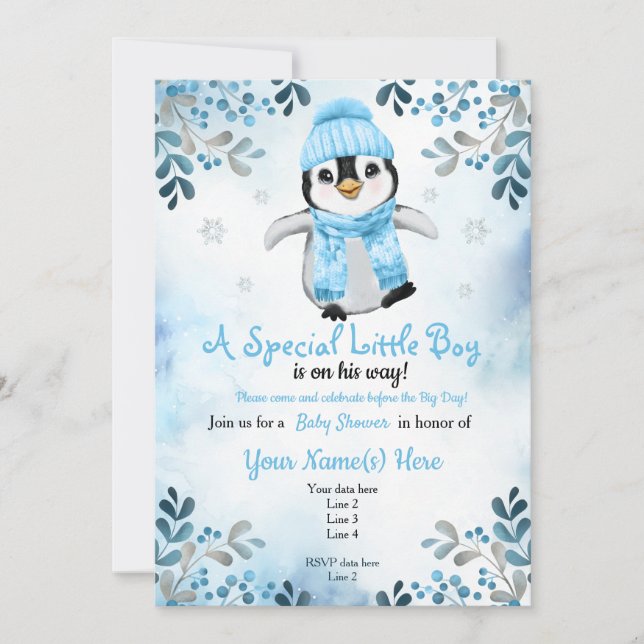 Winter Boy Penguin Douche invitation Blue Snow (Devant)