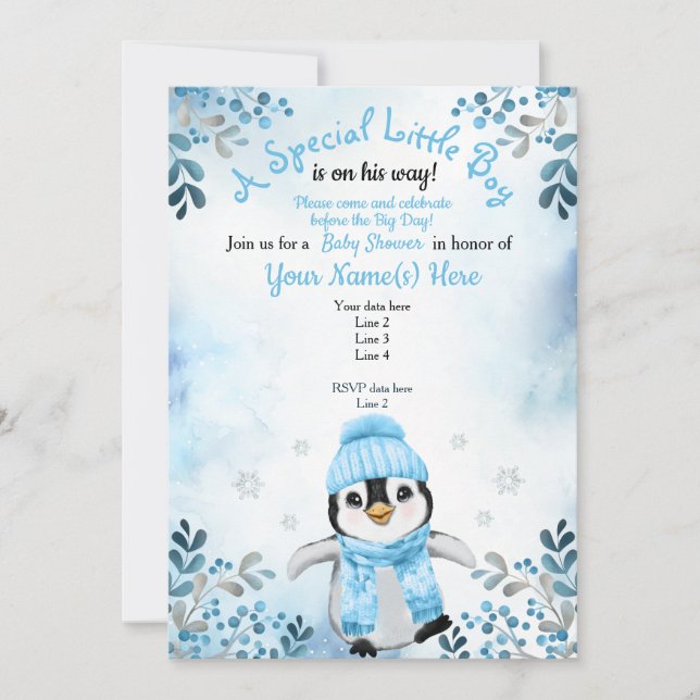 Winter Boy Penguin Shower invitation Blue Snow (Front)