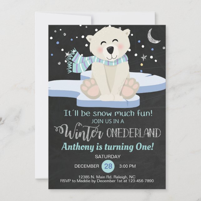 Winter boy polar bear snow much fun invite. invitation (Front)
