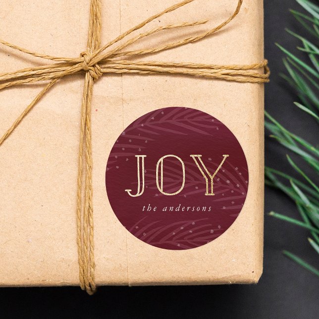 Winter Branches Joy Burgundy and Gold Holiday Classic Round Sticker (Creator Uploaded)