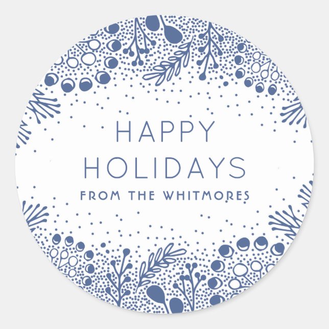 Winter Branches Modern Happy Holidays Classic Round Sticker (Front)