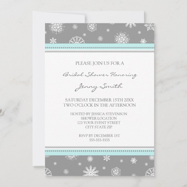 Winter Bridal Shower Aqua Grey Snowflakes Invitation (Back)