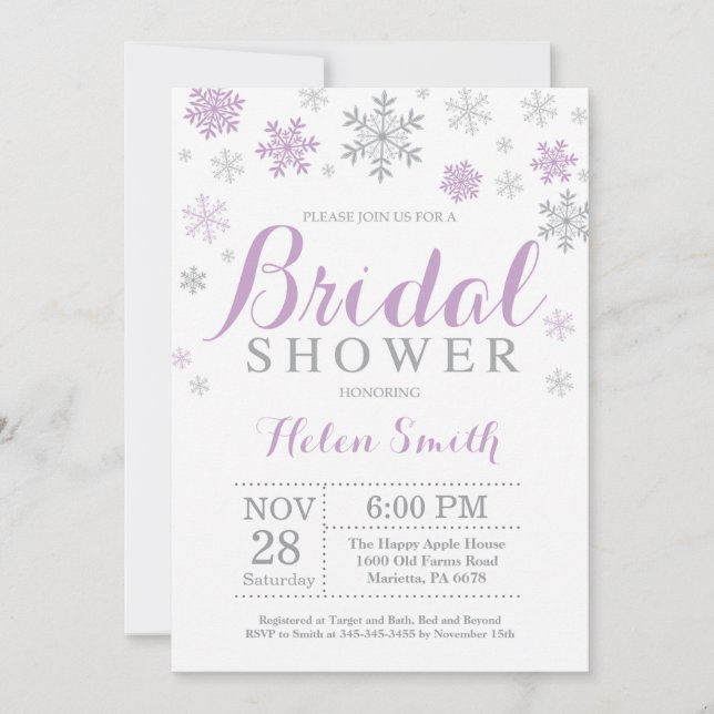 Winter Bridal Shower Invitation Purple Snowflake (Front)