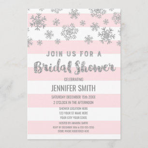 Winter Bridal Shower Pink Stripes Silver Snowflake Invitation